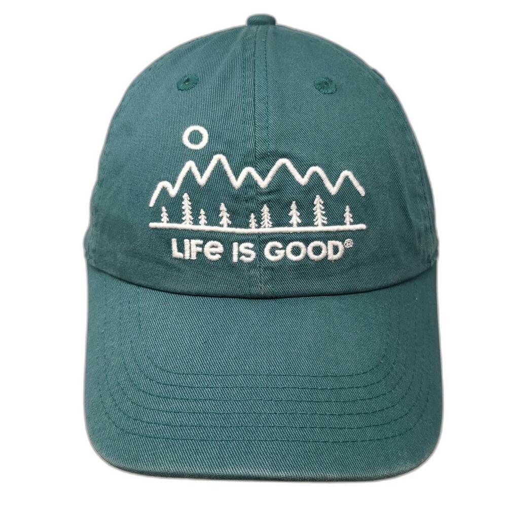Life is Good Baseball Cap Green One Size Mountains Trees Graphic Strapback Hat